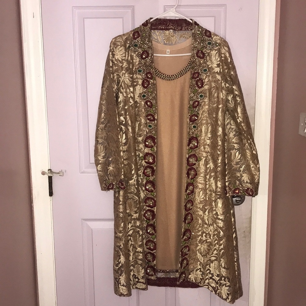 4 pc Pakistani Indian Gold/Red Chiffon Bead Outfit